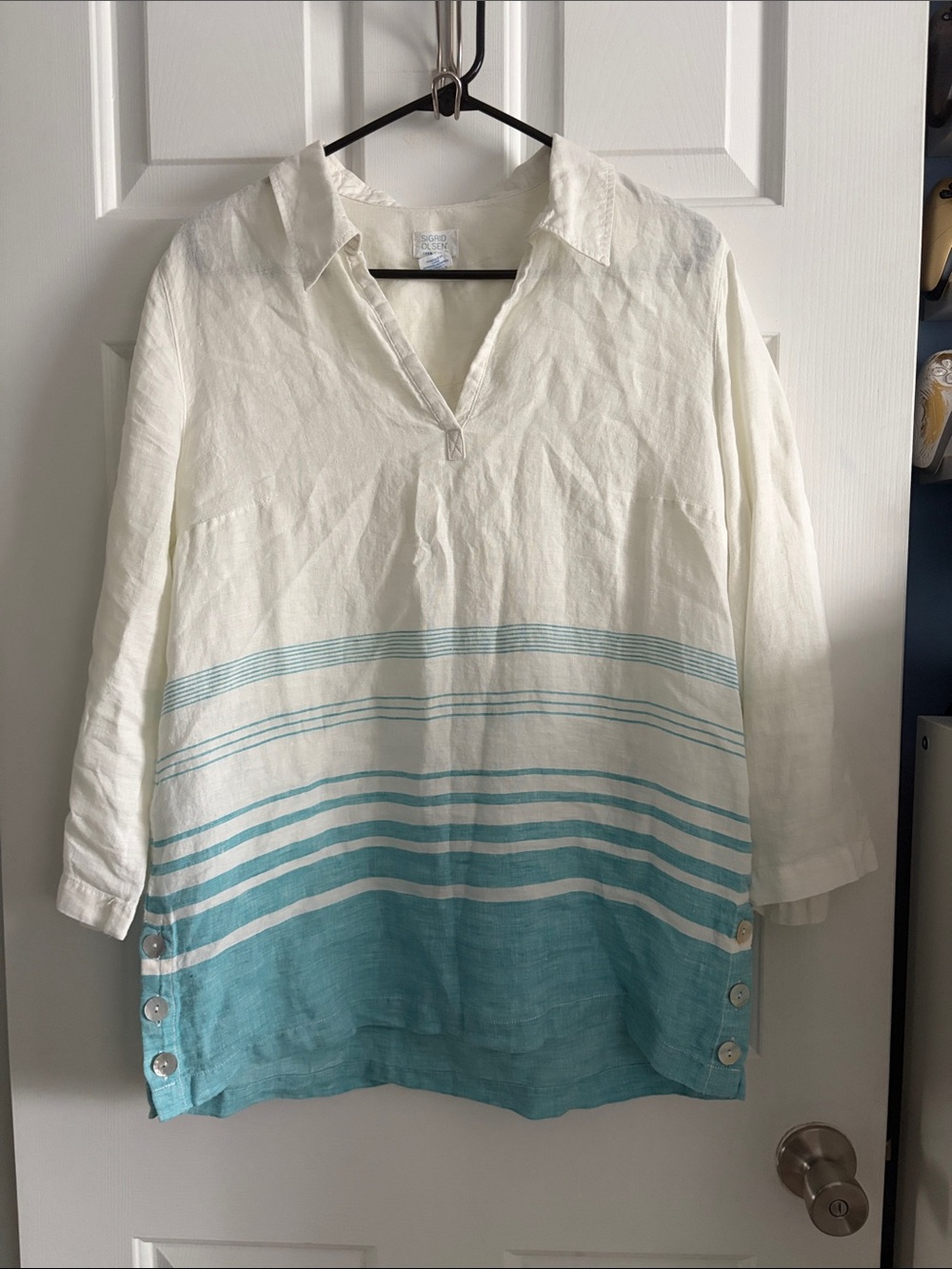 Sigrid Olsen Coastal Linen Beachy Collared Oversized Blouse Top Size M